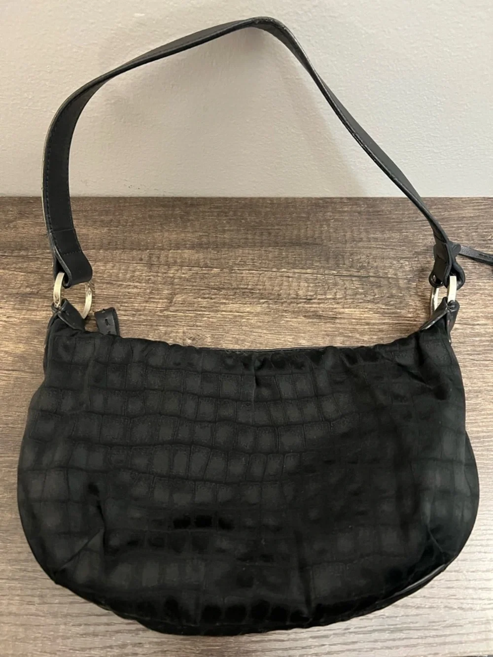 Donald J. Pliner Black Shoulder Bag with Silver-Tone Logo Charm like new